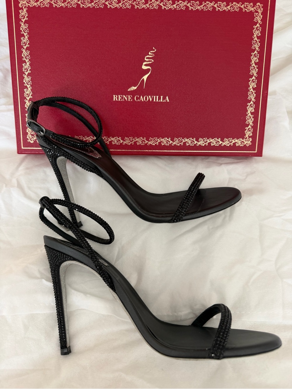 Rene Caovilla Black Crystal Wrap Stiletto Sandals with Ankle Tie